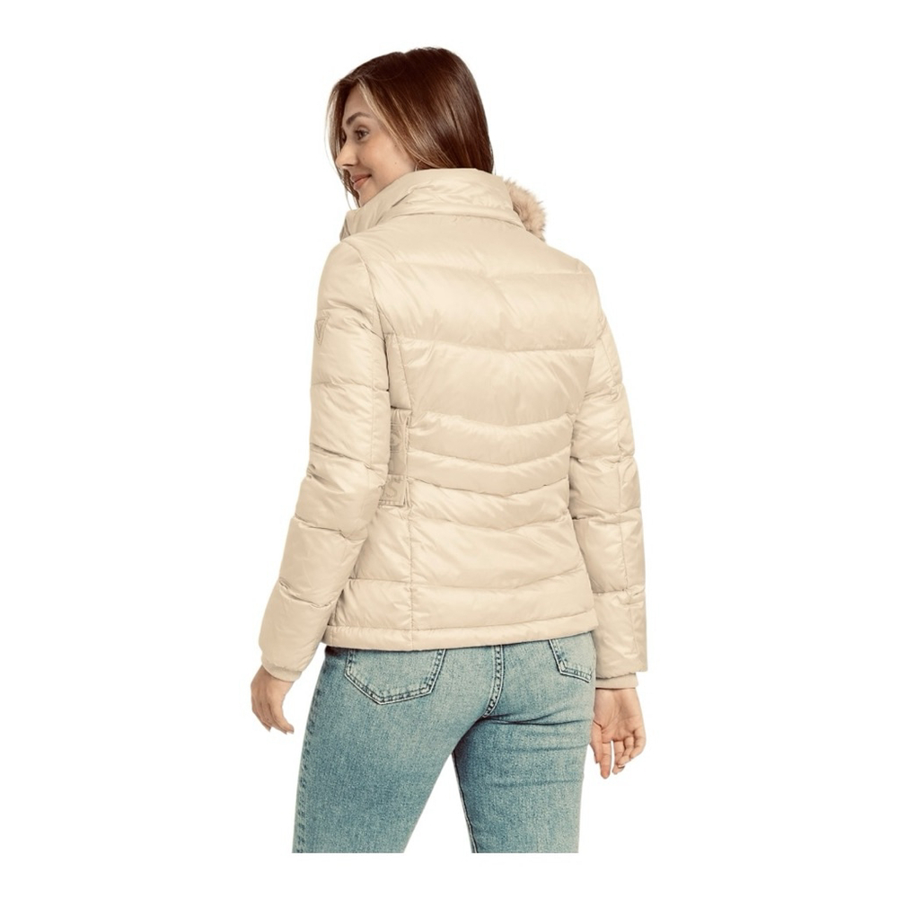 GUESS Beige Cream Puffer Jacket with Faux Fur Hood, Size M NWT - Picture 2 of 16